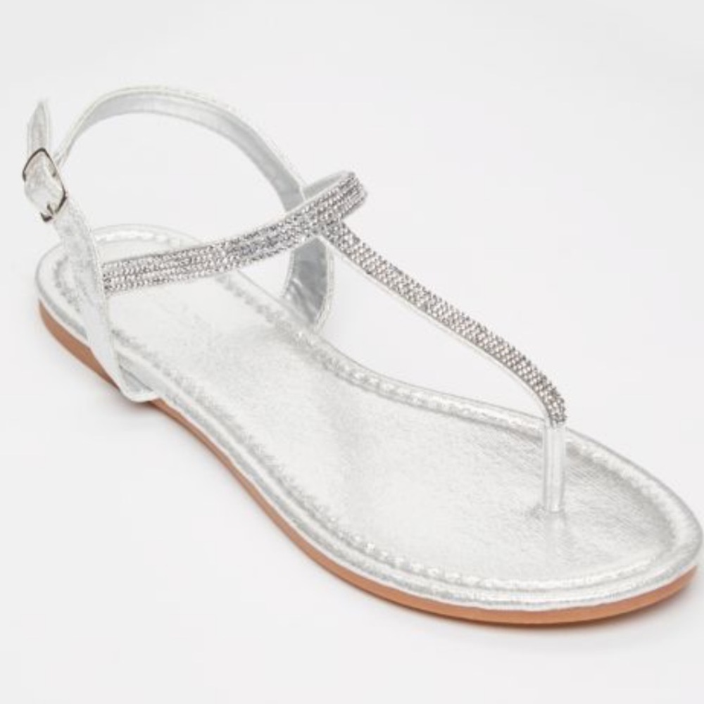 Silver Rhinestone T strap Sandals